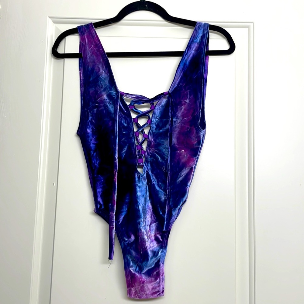 CUSTOM HANDMADE Eat. Sleep. Rave. Purple Tie Dye Lace Up Bodysuit